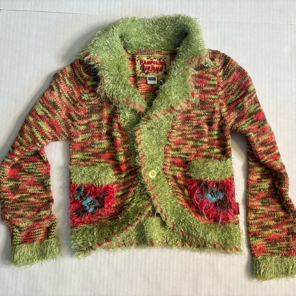 Pampolina Jeans Fuzzy Kids Vibrant Eyelash Knit Cardigan  Sweater Size 10